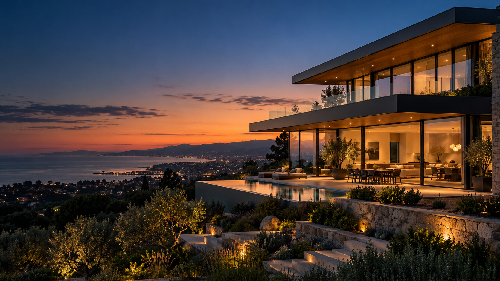 Contemporary hillside home at sunset